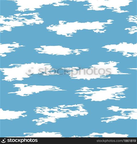 vector seamless clouds in the sky pattern of white abstract cloudlike shapes on blue background, repeat textile graphic of clouds in the sky