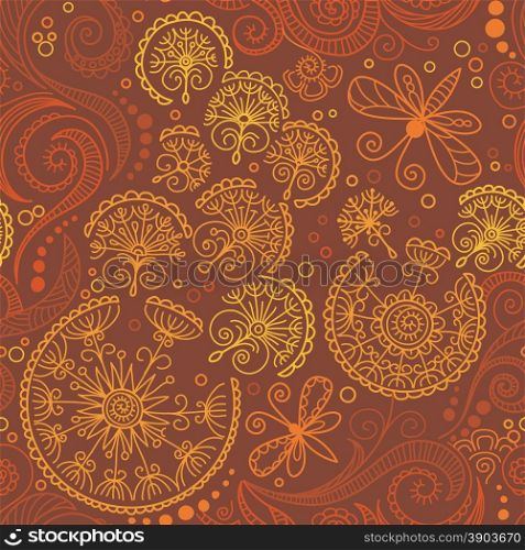 vector seamless color hand-drawn dandelion floral pattern with dandelion and butterfly, spirals and swirls