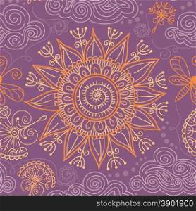 vector seamless color hand-drawn sunny pattern of spirals, swirls, doodles