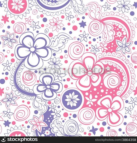 vector seamless color pattern of spirals, swirls, doodles and flowers