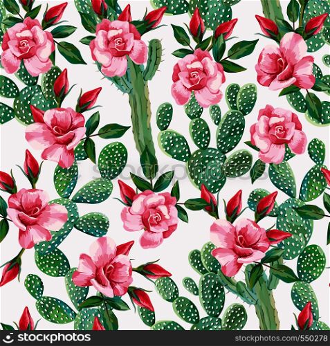 Vector seamless composition cactus and flowers roses cool pattern wallpaper floral white background