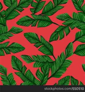 Vector seamless composition green banana leaves on the living coral background. Pattern graphic design