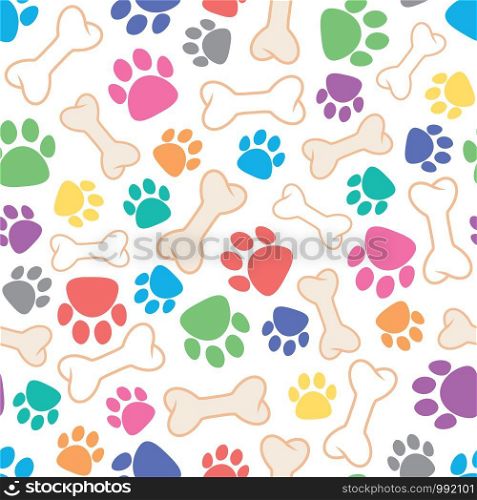 vector seamless dog pattern with bone and dog's footprint symbols on white background, colorful illustration