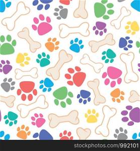 vector seamless dog pattern with bone and dog's footprint symbols on white background, colorful illustration