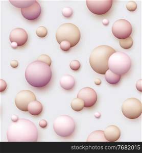 Vector seamless dynamic background with colorful realistic 3d balls. Round sphere in pearls pastel colors on beige backdrop. Powder balls, foundation, powder, blush, meteorites. Abstract template for social media, advertising cosmetic cover.. Vector dynamic background with colorful realistic 3d balls. Round sphere in pearls pastel colors on backdrop. Powder balls, foundation, powder, blush, meteorites.