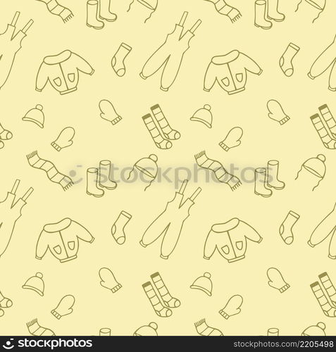 Vector seamless endless pattern with Doodle illustrations of children&rsquo;s winter clothing. A set of warm clothes for winter and autumn. Background for packaging paper, textiles, and tailoring.