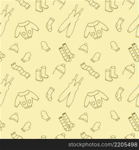 Vector seamless endless pattern with Doodle illustrations of children&rsquo;s winter clothing. A set of warm clothes for winter and autumn. Background for packaging paper, textiles, and tailoring.