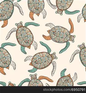 Vector Seamless Ethnic Pattern with Turtles . Retro vintage style.