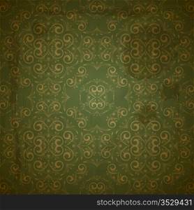 vector seamless floral golden pattern on green grungy background with crumpled paper texture, EPS 10