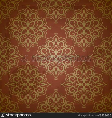 vector seamless floral golden pattern on red grungy background with crumpled paper texture, EPS 10