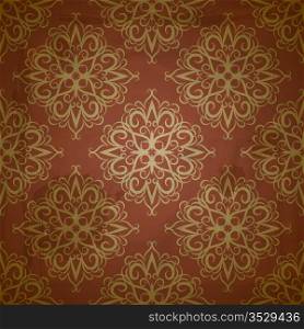 vector seamless floral golden pattern on red grungy background with crumpled paper texture, EPS 10