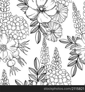 Vector seamless floral pattern. Black-and-white drawing of flowers.. Vector seamless floral pattern.
