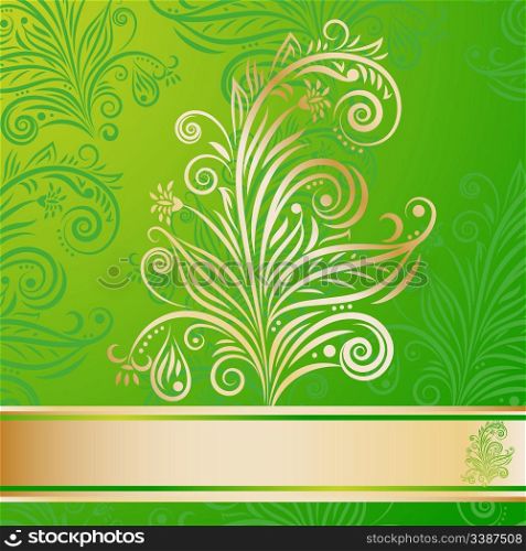 vector seamless floral pattern on green background with a golden single element and frame