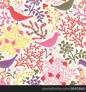 vector seamless floral pattern with abstract colored birds and plants