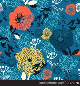 vector seamless floral pattern with abstract flowers and birds on a blue background