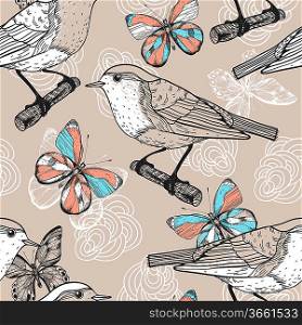 vector seamless floral pattern with birds and butterflies