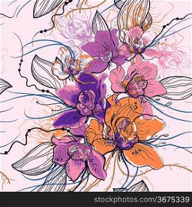 vector seamless floral pattern with blooming orchids