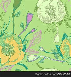 vector seamless floral pattern with blooming poppies