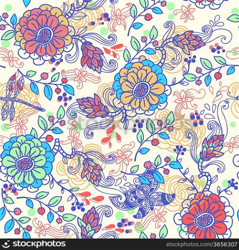 vector seamless floral pattern with colored fantasy flowers