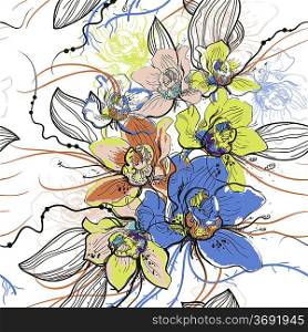 vector seamless floral pattern with colored orchids