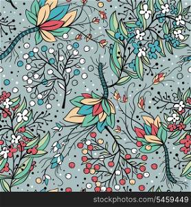 vector seamless floral pattern with colorful berries and flowers on a grey background