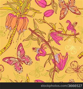vector seamless floral pattern with colorful flowers and butterflies