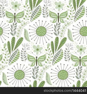 Vector Seamless Floral Pattern with Fantastic Flowers and Butterflies. Spring or Summer Greeting Card, Background, Print or Pattern. Floral wallpaper