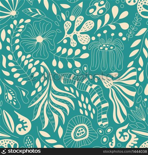 Vector Seamless Floral Pattern with Fantastic Flowers. Spring or Summer Greeting Card, Background, Print or Pattern. Floral wallpaper