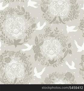 vector seamless floral pattern with floral hearts and flying birds