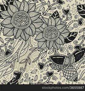 vector seamless floral pattern with flowers and butterflies