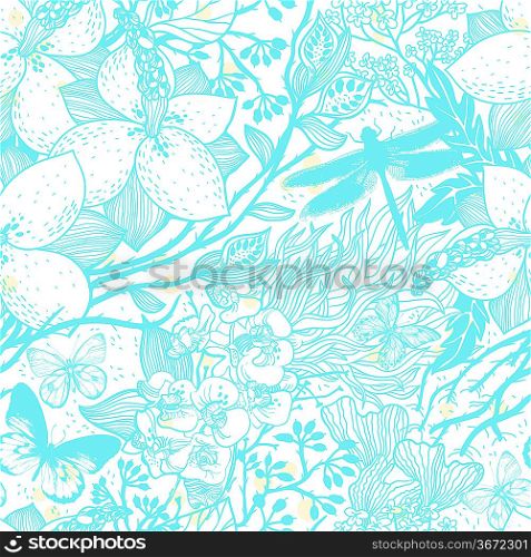 vector seamless floral pattern with flowers and insects
