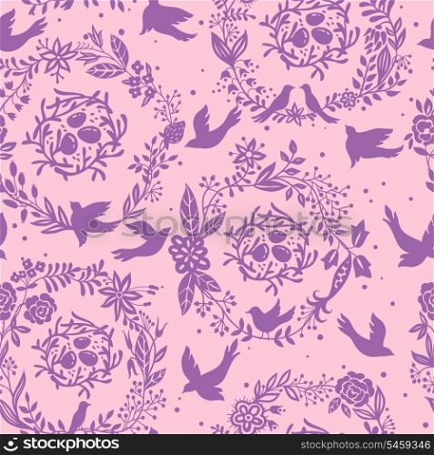 vector seamless floral pattern with garlands, birds and nests
