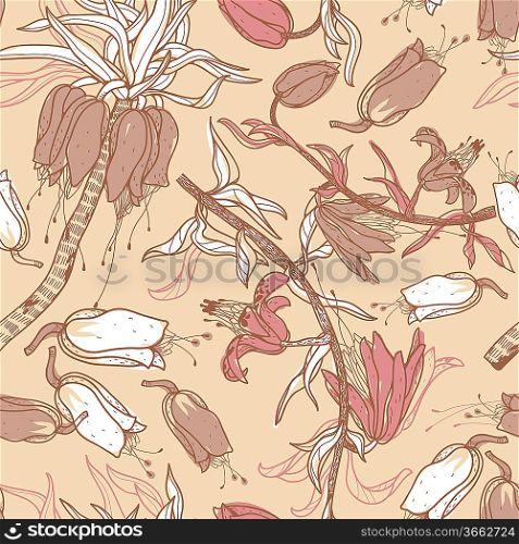 vector seamless floral pattern with hand-drawn flowers and plants