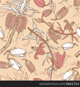 vector seamless floral pattern with hand-drawn flowers and plants
