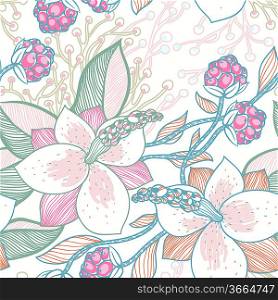 vector seamless floral pattern with magnolia and berries