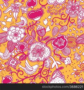 vector seamless floral pattern with pink doodles on a yellow background