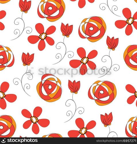 Vector Seamless Floral Pattern with red fantasy flowers. Vector Seamless Pattern