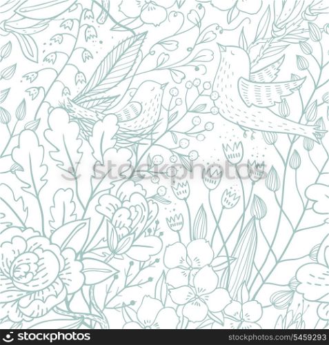vector seamless floral pattern with spring flowers and birds