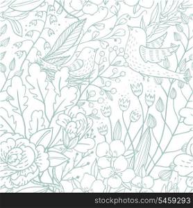 vector seamless floral pattern with spring flowers and birds