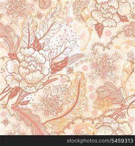 vector seamless floral pattern with vintage roses and feathers