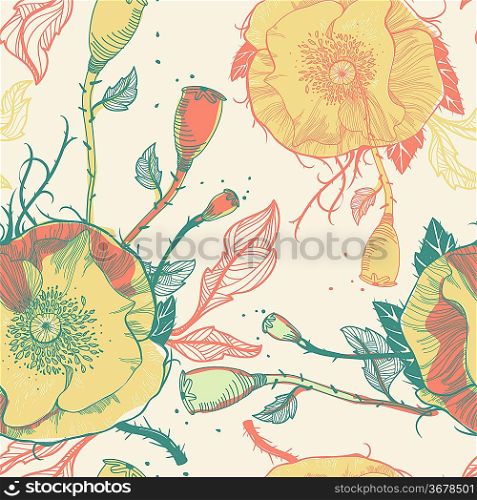 vector seamless floral pattern with yellow poppies