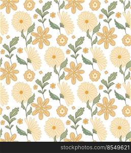 Vector seamless gentle pattern with groovy flowers and stems on white background. Nature tender texture for fabric. Retro flower power wallpaper. Light old fashioned floral texture.. Vector seamless gentle pattern with groovy flowers and stems on white background. Nature tender texture for fabric. Retro flower power wallpaper.