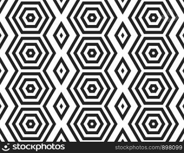 Vector seamless geometric pattern. Black hexagons and diamonds on white background.