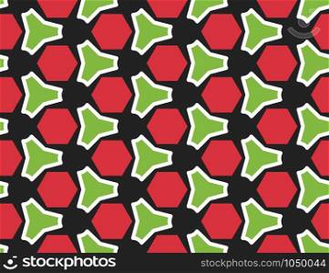 Vector seamless geometric pattern. In red, white and green colors on black background.
