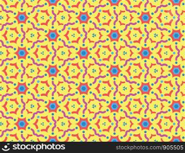 Vector seamless geometric pattern. Purple, red, light and dark blue wavy lines, shapes on yellow background.
