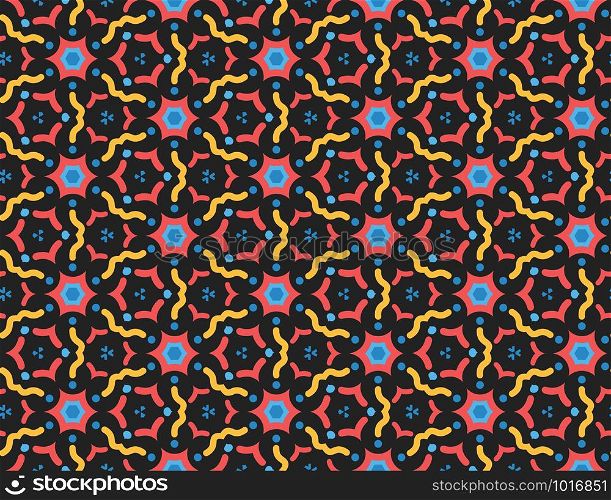 Vector seamless geometric pattern. Red, blue, yellow wavy lines, shapes on black background.