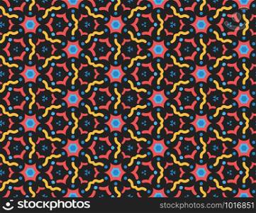Vector seamless geometric pattern. Red, blue, yellow wavy lines, shapes on black background.