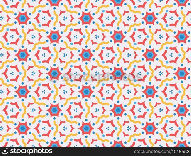 Vector seamless geometric pattern. red, blue, yellow wavy lines, shapes on white background.