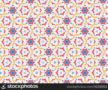 Vector seamless geometric pattern. red, blue, yellow wavy lines, shapes on white background.