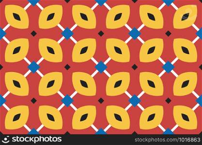 Vector seamless geometric pattern. Shaped black and blue squares and white lines and yellow, black rounded diamonds on red background.